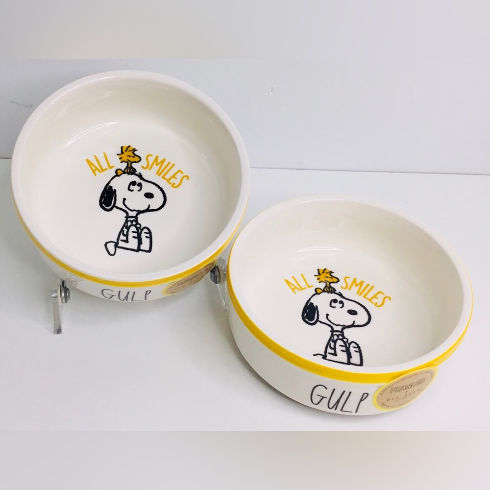 2 Rae Dunn Peanuts Snoopy GULP Woodstock Chow Dog Cat Dish Bowl Ceramic 5” New